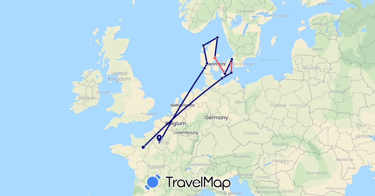 TravelMap itinerary: driving, hiking in Germany, Denmark, France (Europe)